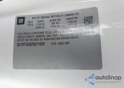 2015 Chevrolet Camaro 2Lt from USA, damaged, VIN 2G1FF1E33F9211699